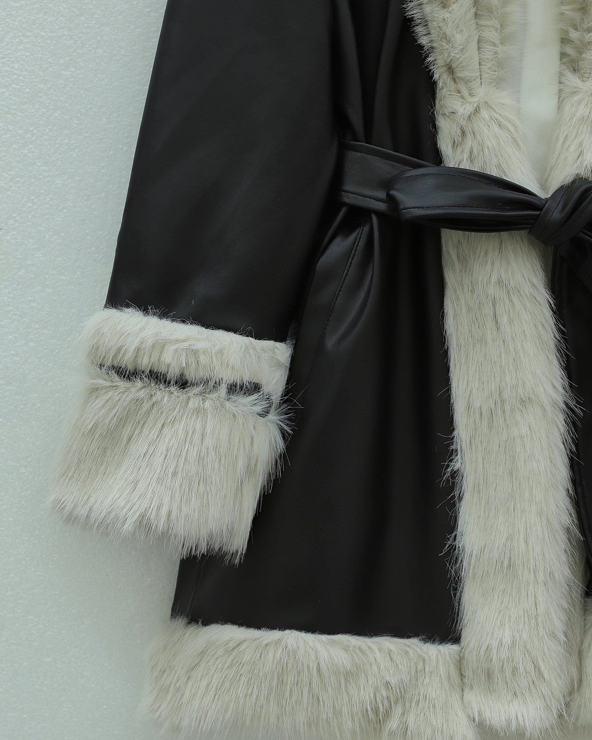 Lined Belted Faux Fur Trim Black Coat for Women - Podyumplus - by Peralane - photo 2