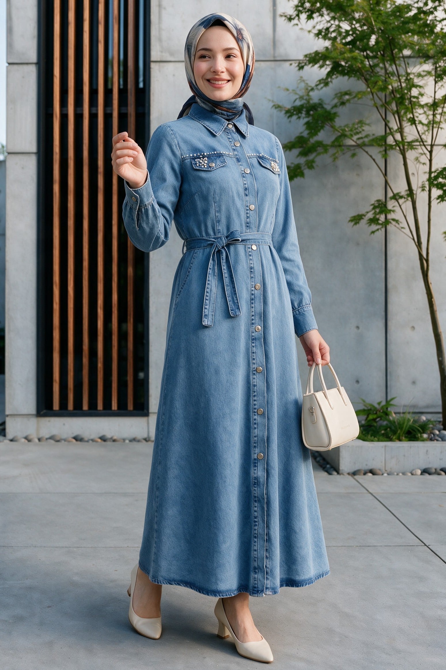Stone Detailed Full-Length Button Denim Dress - Indigo - Podyumplus - by Peralane - photo 2