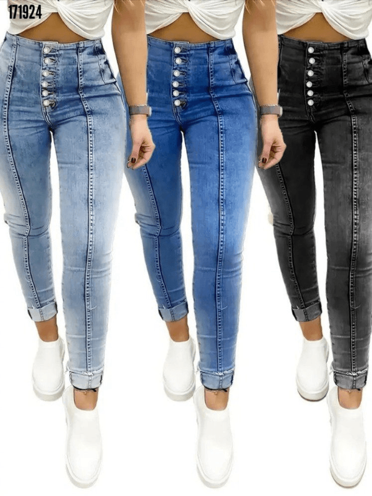 Women's High Waist Button-Fly Jeans - Light Blue Washed Denim - Janes - by Peralane - photo 4