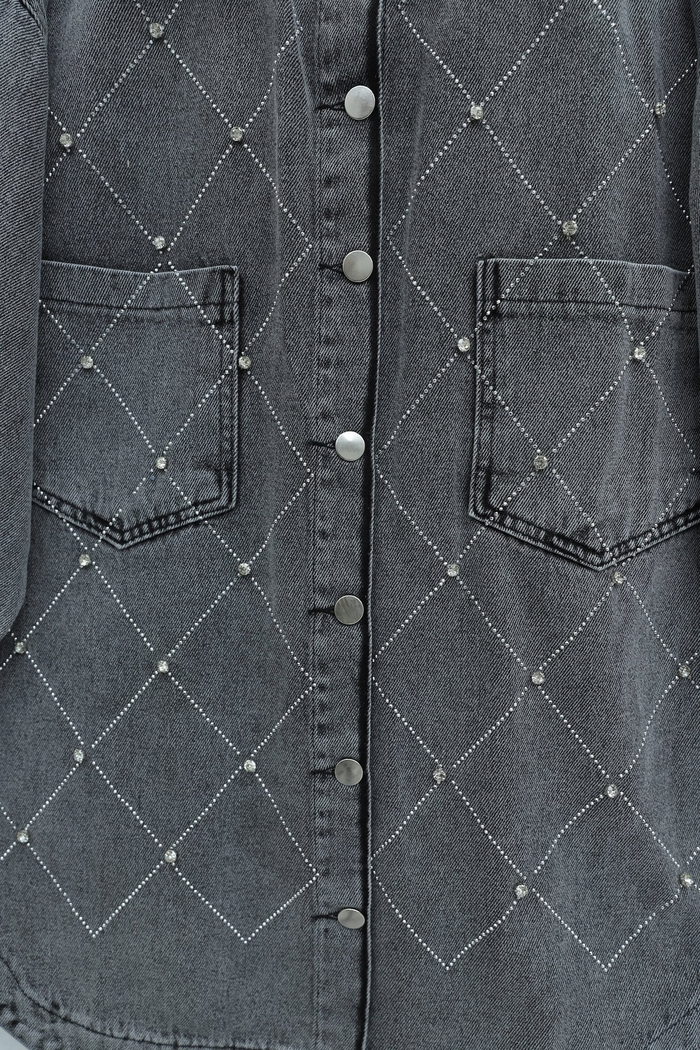 Smoke Grey Rhinestone-Trimmed Double Pocket Denim Jacket with Button Front - Podyumplus - by Peralane - photo 7
