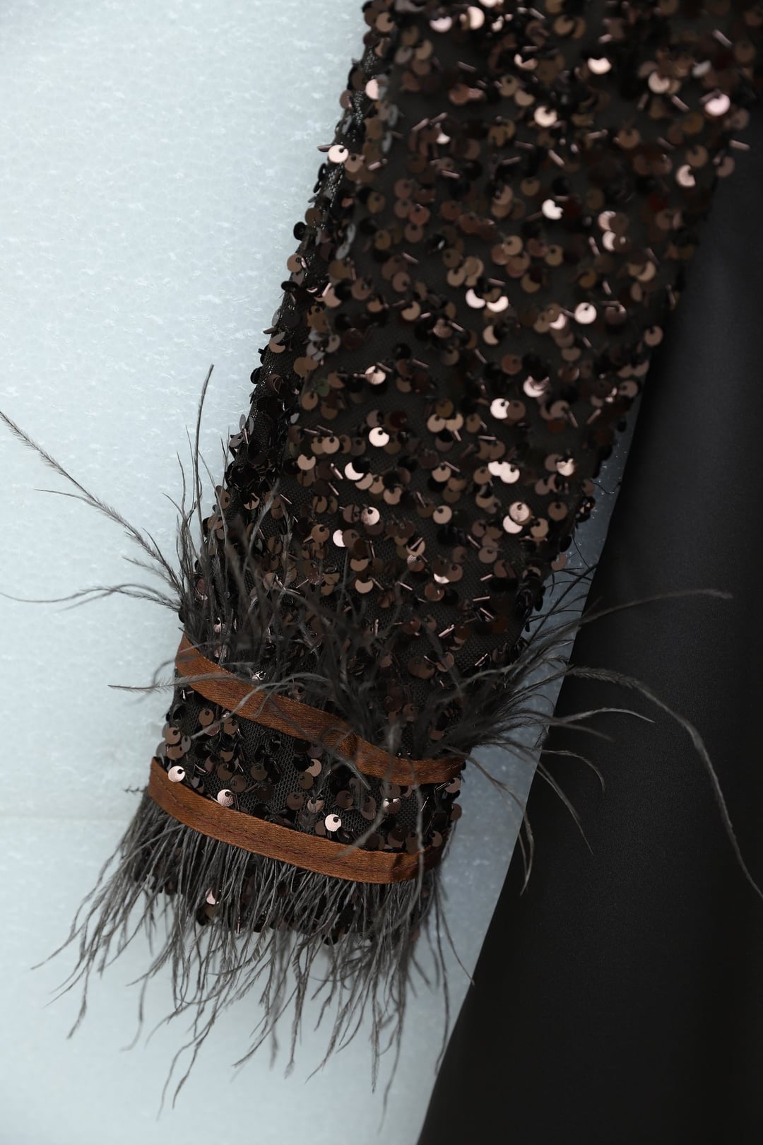 Sequin Bodice Feather Sleeve Satin Evening Dress - Dark Brown - Podyumplus - by Peralane - photo 5