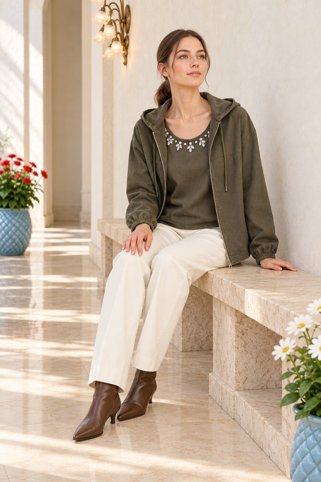Women's Hooded Woven Jacket with Stone and Pearl Embellishment - Pine Green - Xlove - by Peralane