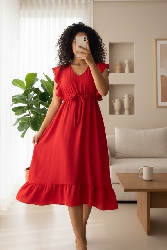 Women's Red Flutter Sleeve Midi Dress with Elastic Waist - Podyumplus - by Peralane