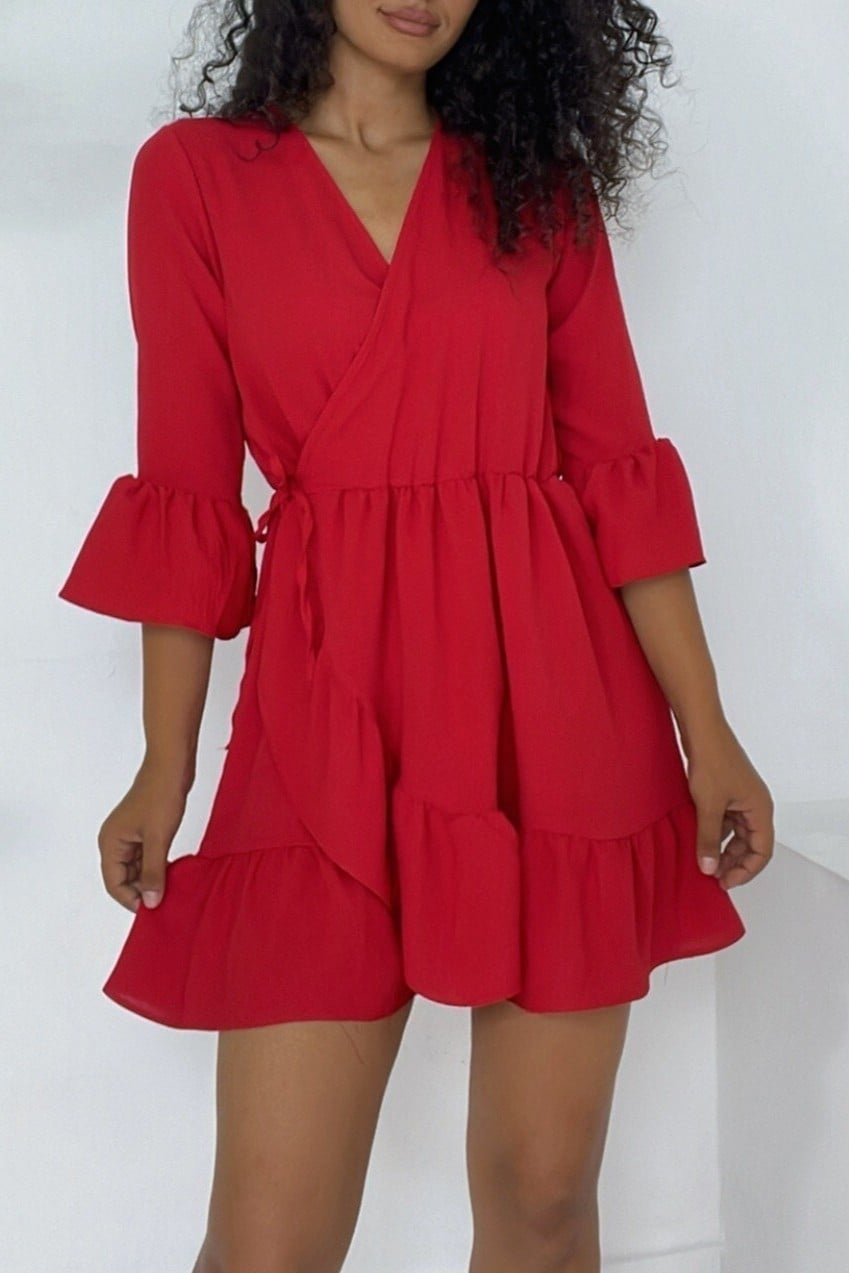 Red Wrap Dress with Ruffled Hem and Bell Sleeves - Podyumplus - by Peralane