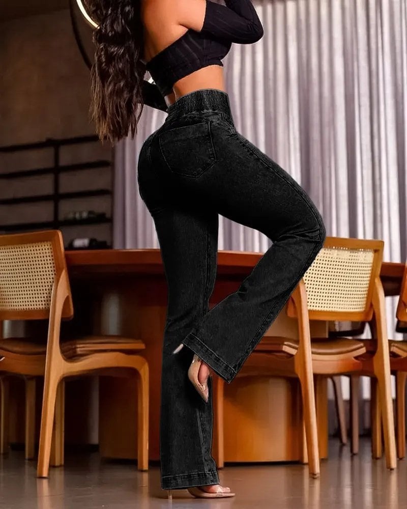 Women's High Waist Side Elastic Front Button Denim Trousers - Black - Janes - by Peralane - photo 2