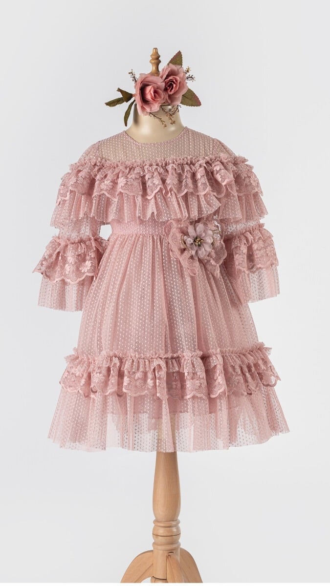 Girls' Tiered Lace Party Dress with Ruffled Hem - 5-8 Years - Tivido - by Peralane