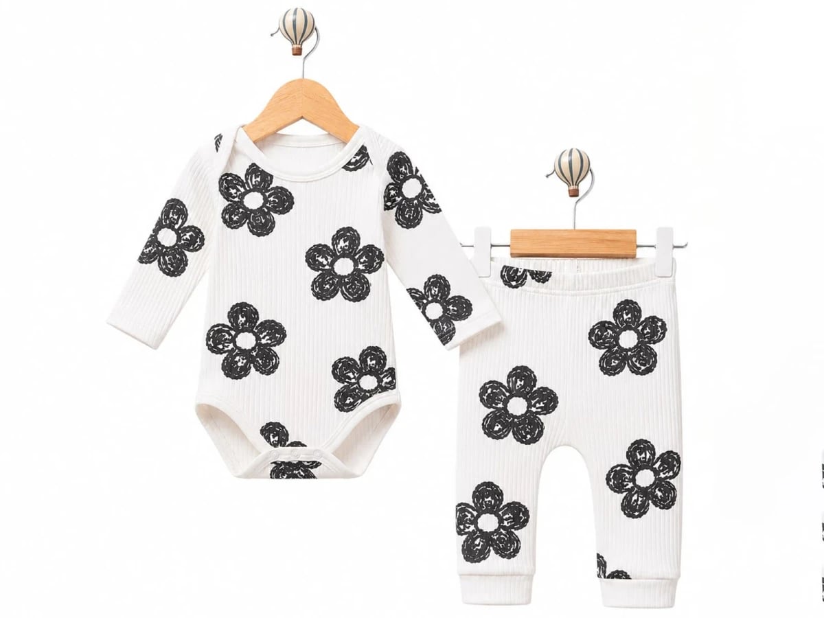 Floral Print Baby Bodysuit and Leggings Set - Black and White - Supermini - by Peralane