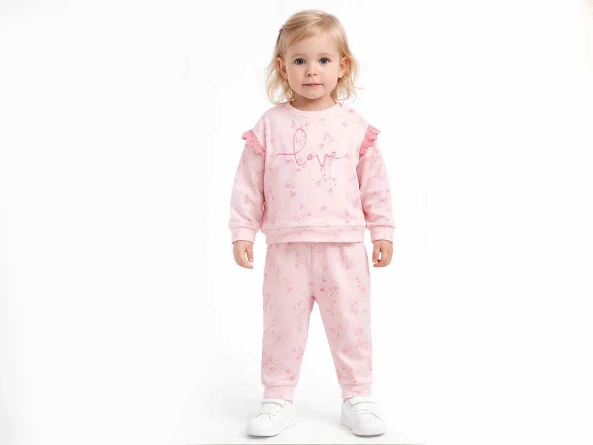 Love Embroidered Girls Baby Set - Pink Floral Sweatshirt and Pants - Vovido - by Peralane