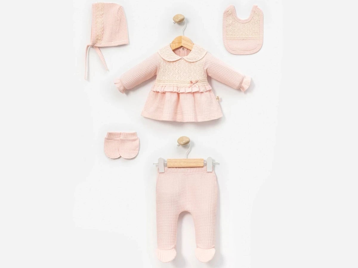 Girls' Newborn 5-Piece Waffle Knit Set with Bow Detail - Pale Pink - Cayzen - by Peralane