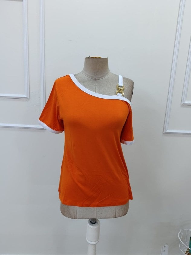 Women's Short-Sleeve One-Shoulder Buckle Detail Viscose Blouse in Orange - Janes - by Peralane - photo 4