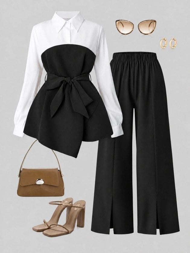 Women's Long Sleeve Collared Top and Wide Leg Trouser Two-Piece Set - Janes - by Peralane - photo 4