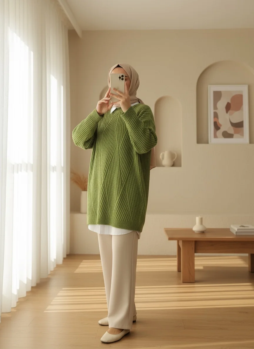 Olive Green Mock Neck Diamond Pattern Knit Tunic - Podyumplus - by Peralane - photo 2