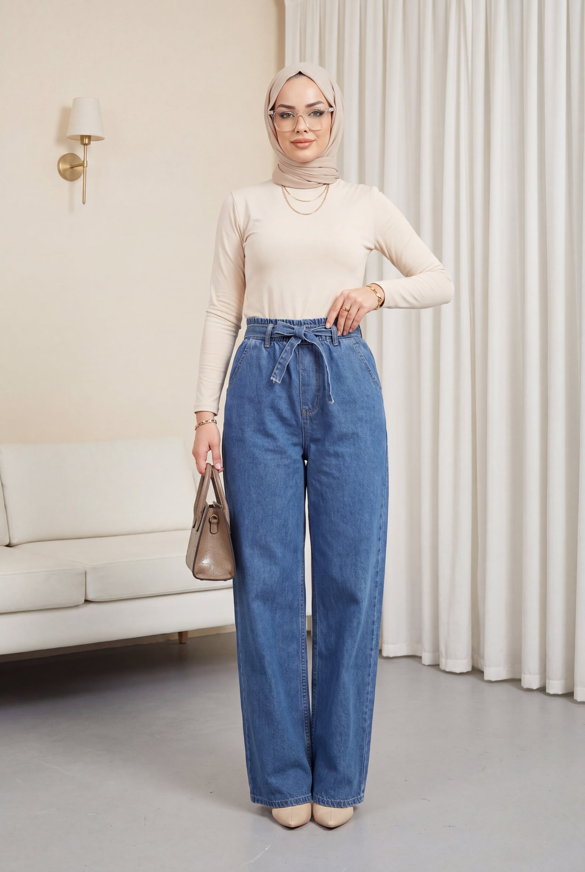 High Waist Wide Leg Denim Trousers with Self-Tie Belt - Dark Blue - Podyumplus - by Peralane - photo 2