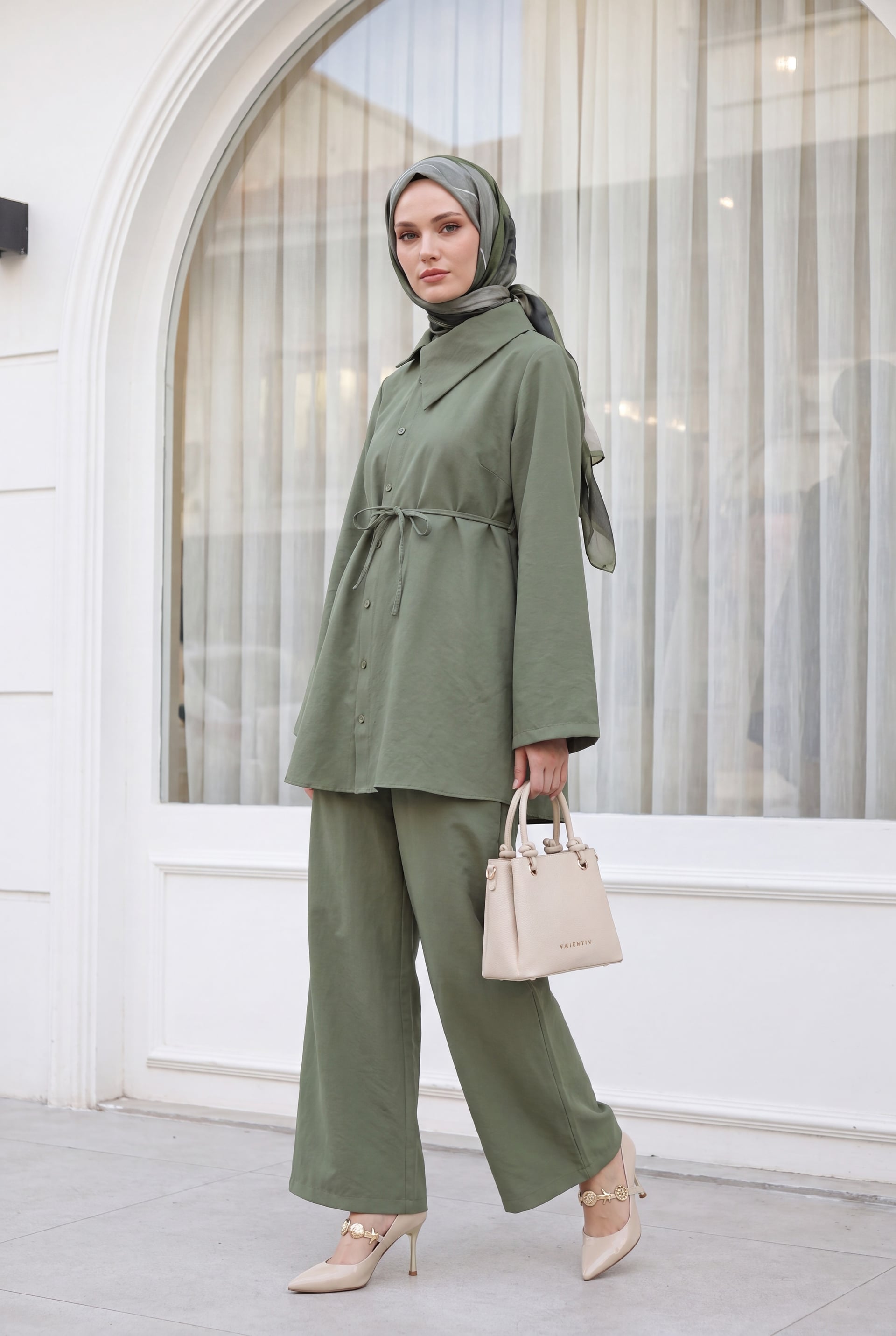 Side Collar Buttoned Belted Modal Co-ord Set - Olive Green - Podyumplus - by Peralane - photo 2