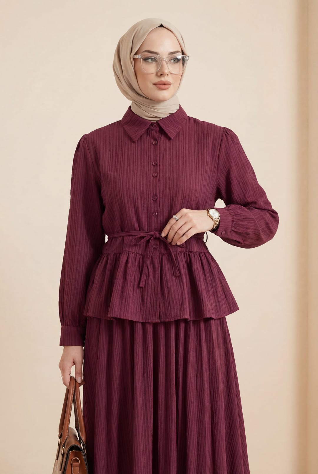 Ruffled Skirt Buttoned Lace-Up Two-Piece Modest Set - Berry - Podyumplus - by Peralane - photo 4