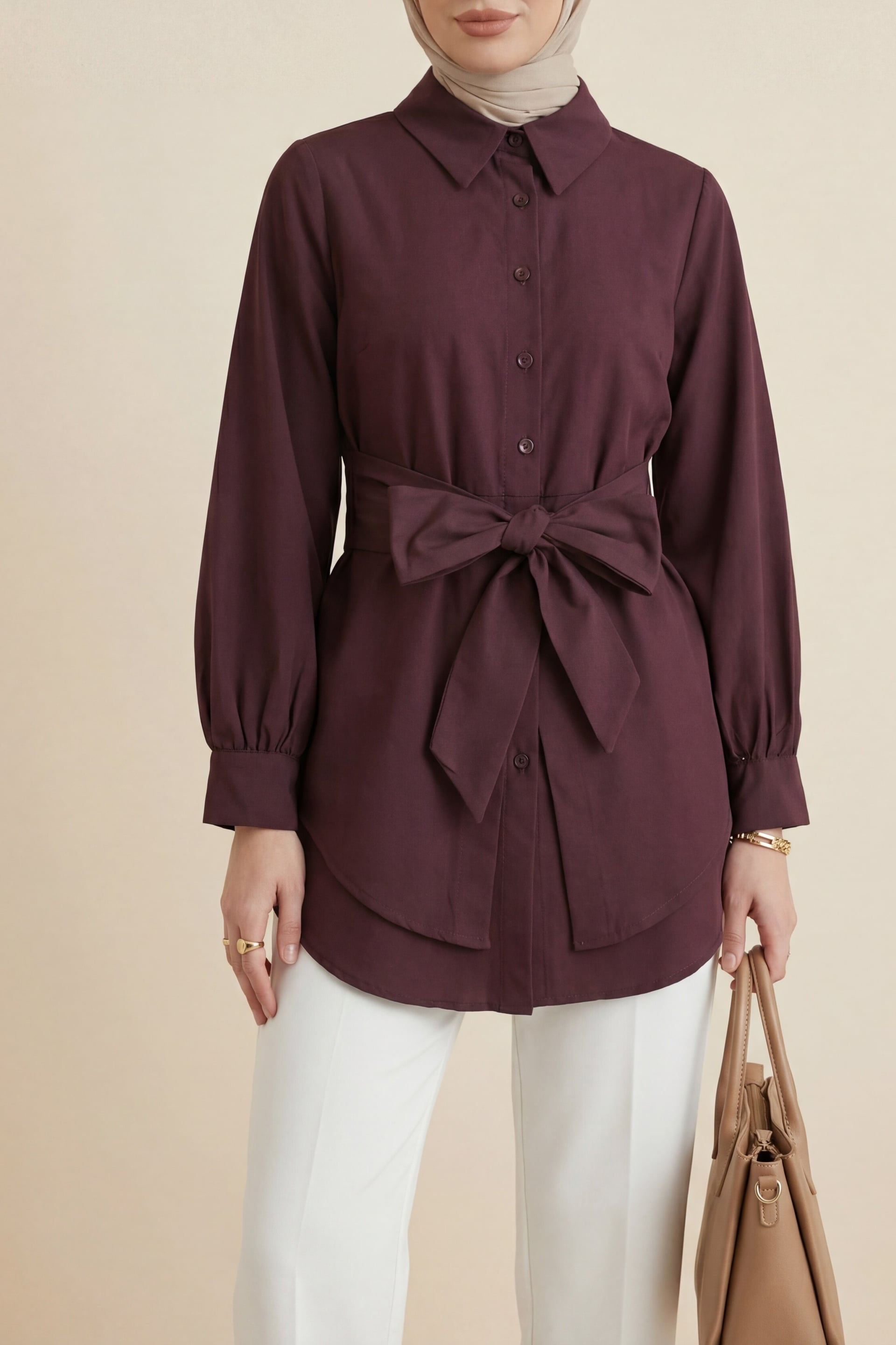 Self-Tie Poplin Tunic in Plum - Podyumplus - by Peralane - photo 3