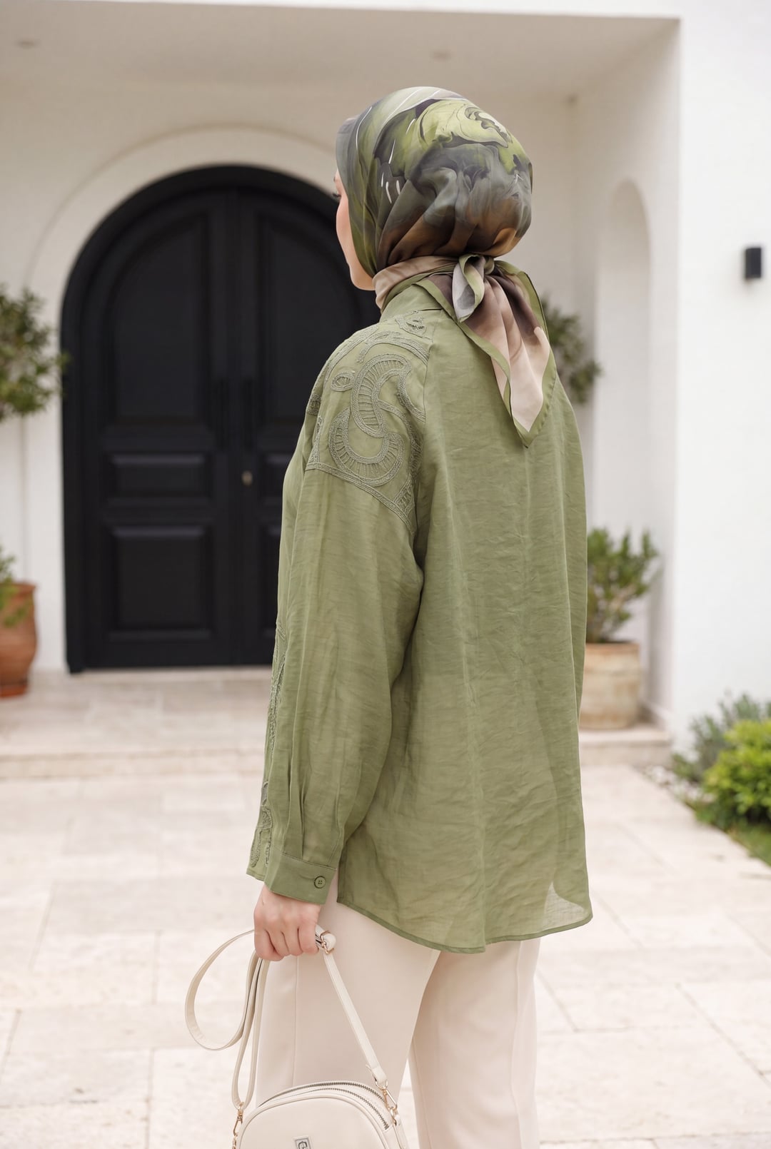 Asymmetric Embroidered Buttoned Tulle Voile Tunic - Khaki - Podyumplus - by Peralane - photo 3