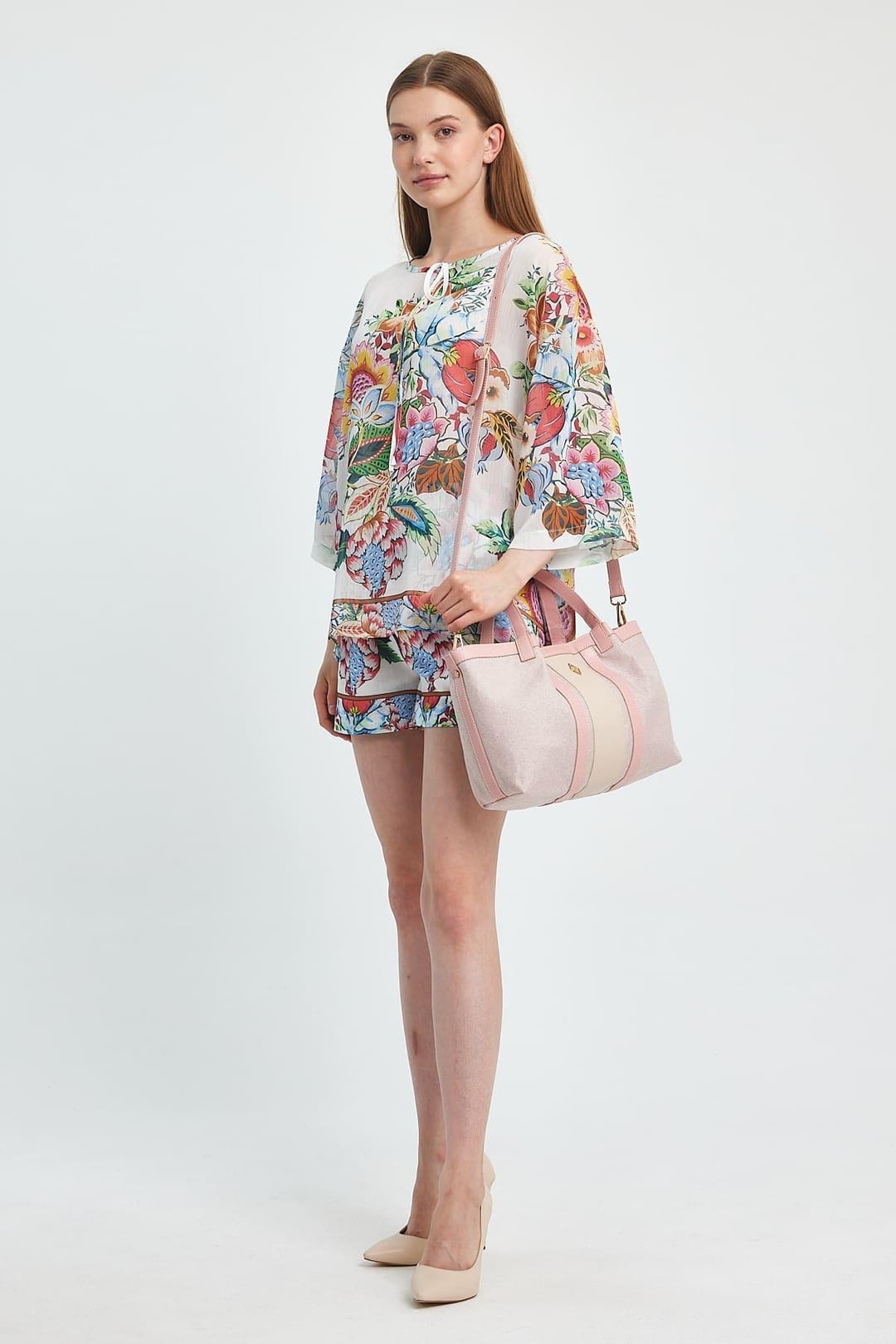 Women's Pale Pink Faux Leather Tote Bag with Cream Panel - Aron Atelier - by Peralane - photo 3