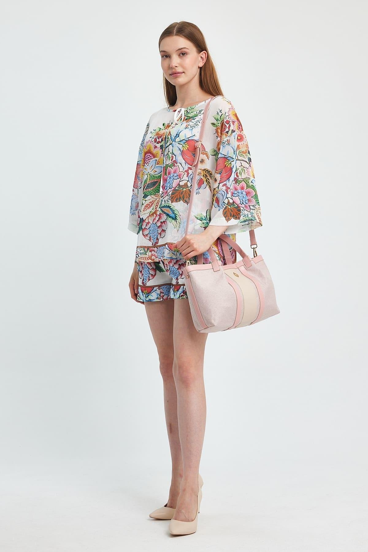 Women's Pale Pink Faux Leather Tote Bag with Cream Panel - Aron Atelier - by Peralane - photo 3