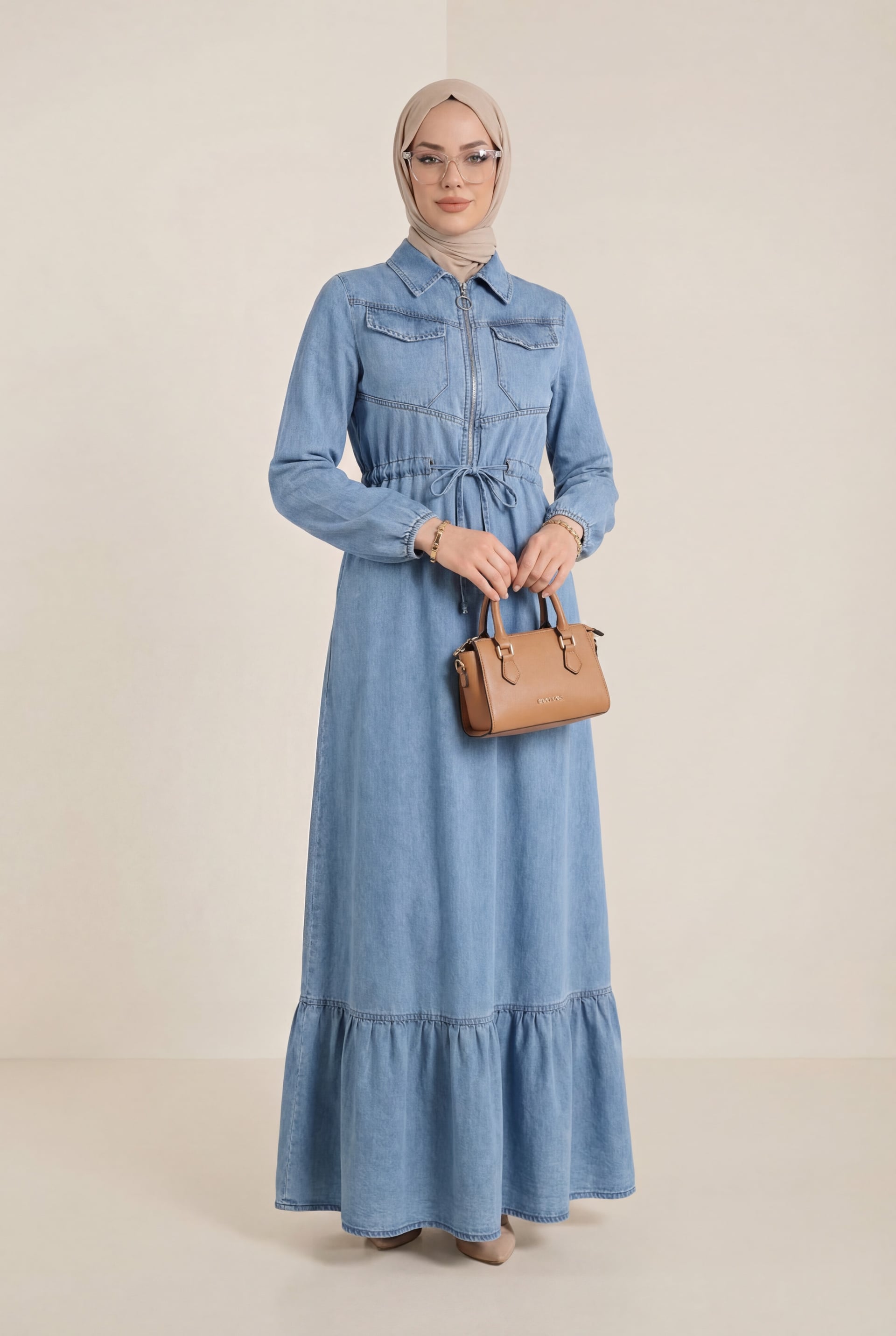 Half Zip Tunnel Lace Long Sleeve Denim Dress - Ice Blue - Podyumplus - by Peralane