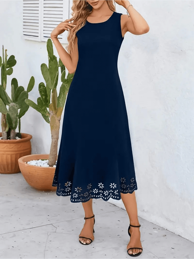 Women's Sleeveless Navy Blue Midi Dress with Laser-Cut Floral Hem, Pack of 6 - Janes - by Peralane - photo 4