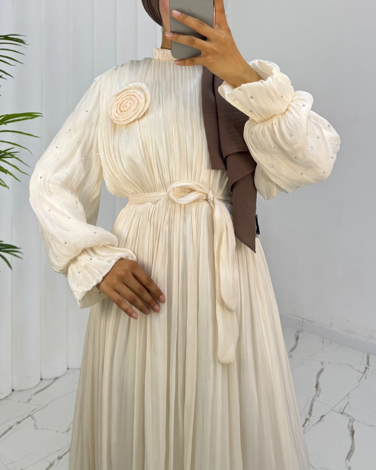 Long-Sleeve Sequined Chiffon Modest Evening Dress with Belt and Rose Brooch - Beige - Podyumplus - by Peralane - photo 4