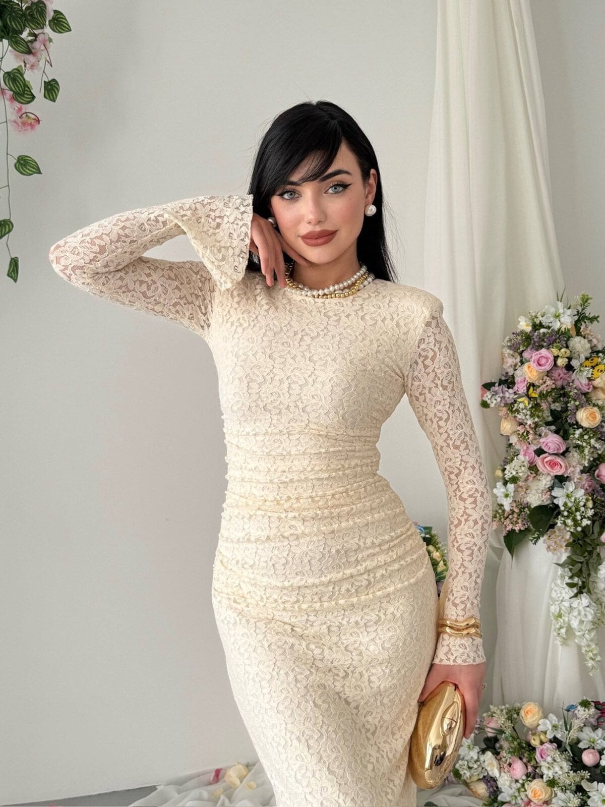Beige Lace Midi Dress with High Neck and Flared Sleeves - Etika - by Peralane