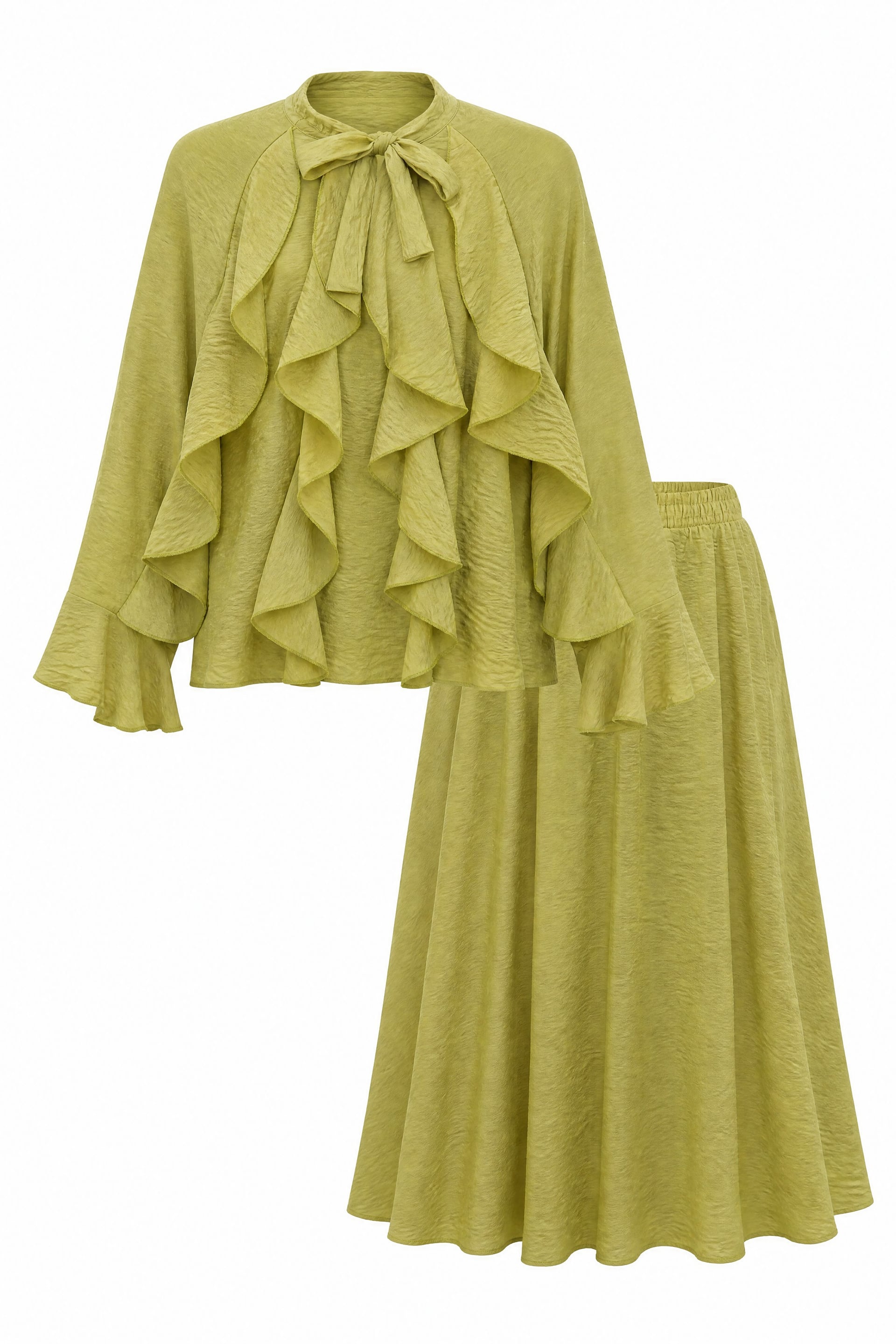 Tie-Neck Ruffle Detail Lined Tulle Modal Modest Set – Olive Green - Podyumplus - by Peralane - photo 5