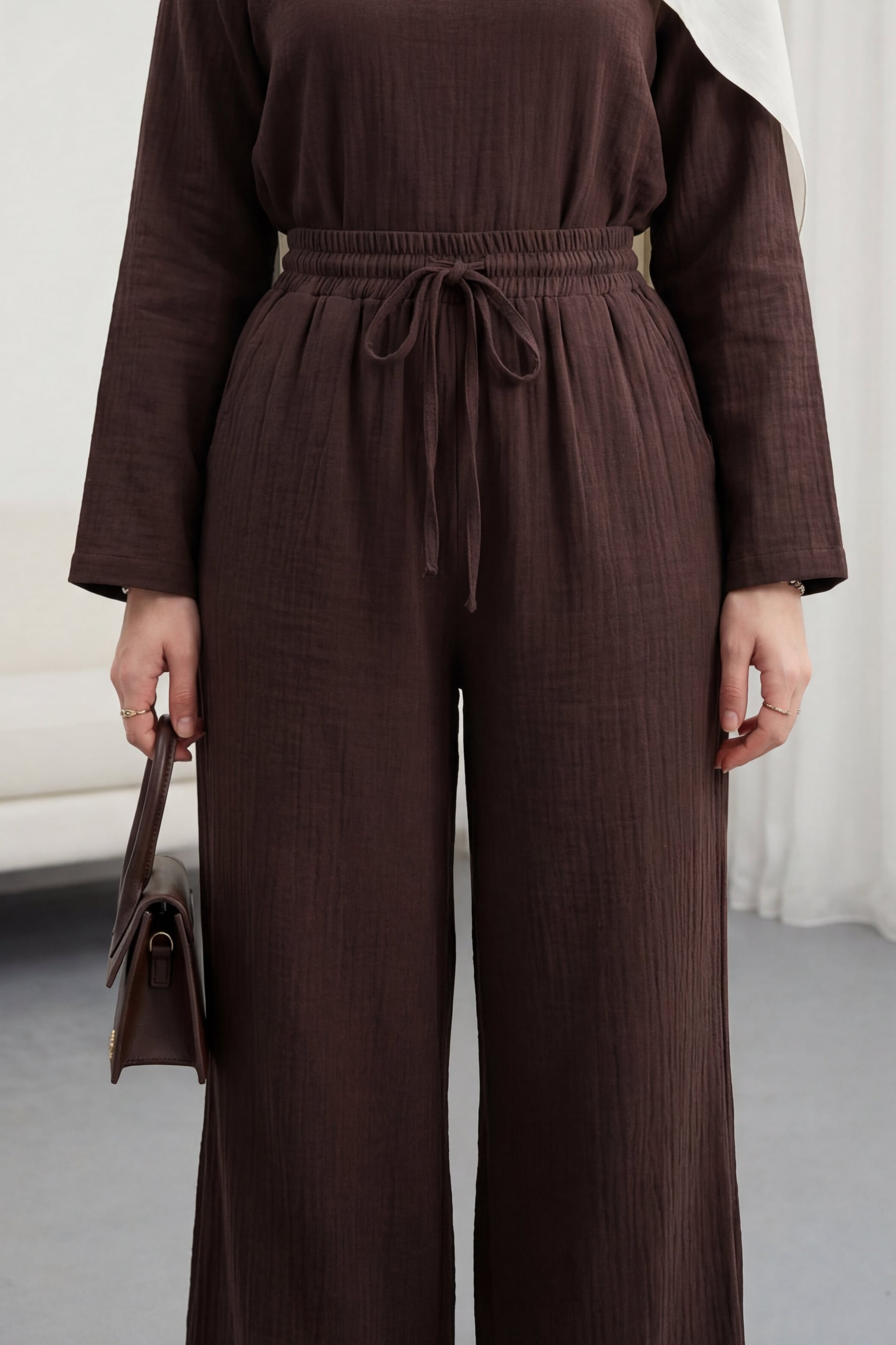 Drawstring Wide Leg Muslin Trousers - Brown - Podyumplus - by Peralane - photo 3