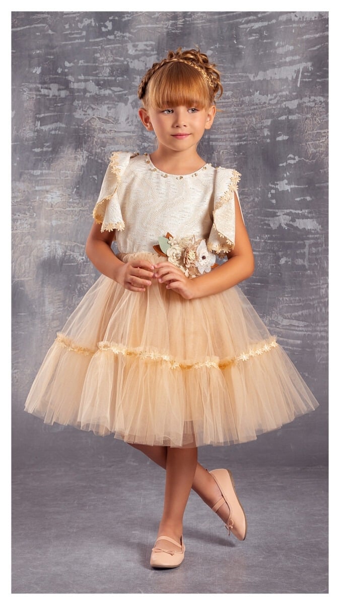 Jacquard Tulle Party Dress for Girls with Floral Appliqué - Pack of 4 - Tivido - by Peralane