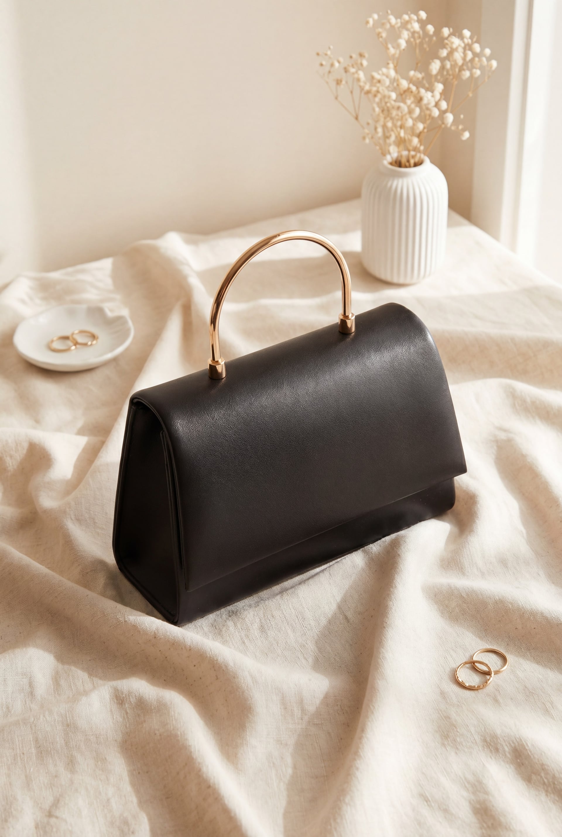 Metal-Handled Chain Flap Patent Leather Evening Bag - Black - Podyumplus - by Peralane