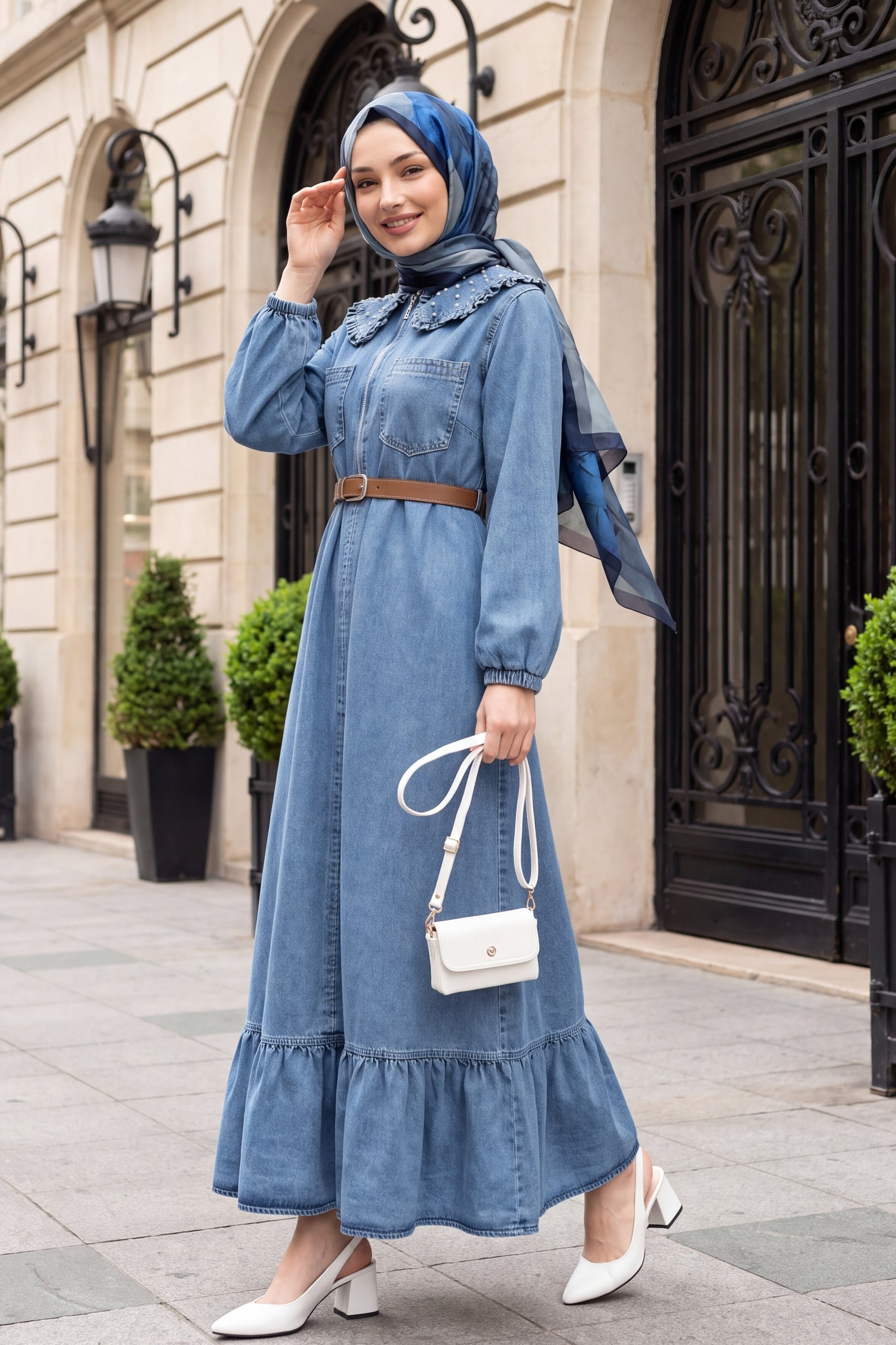 Bebe Collar Half Zip Pearl Detail Belted Denim Dress - Ice Blue - Podyumplus - by Peralane
