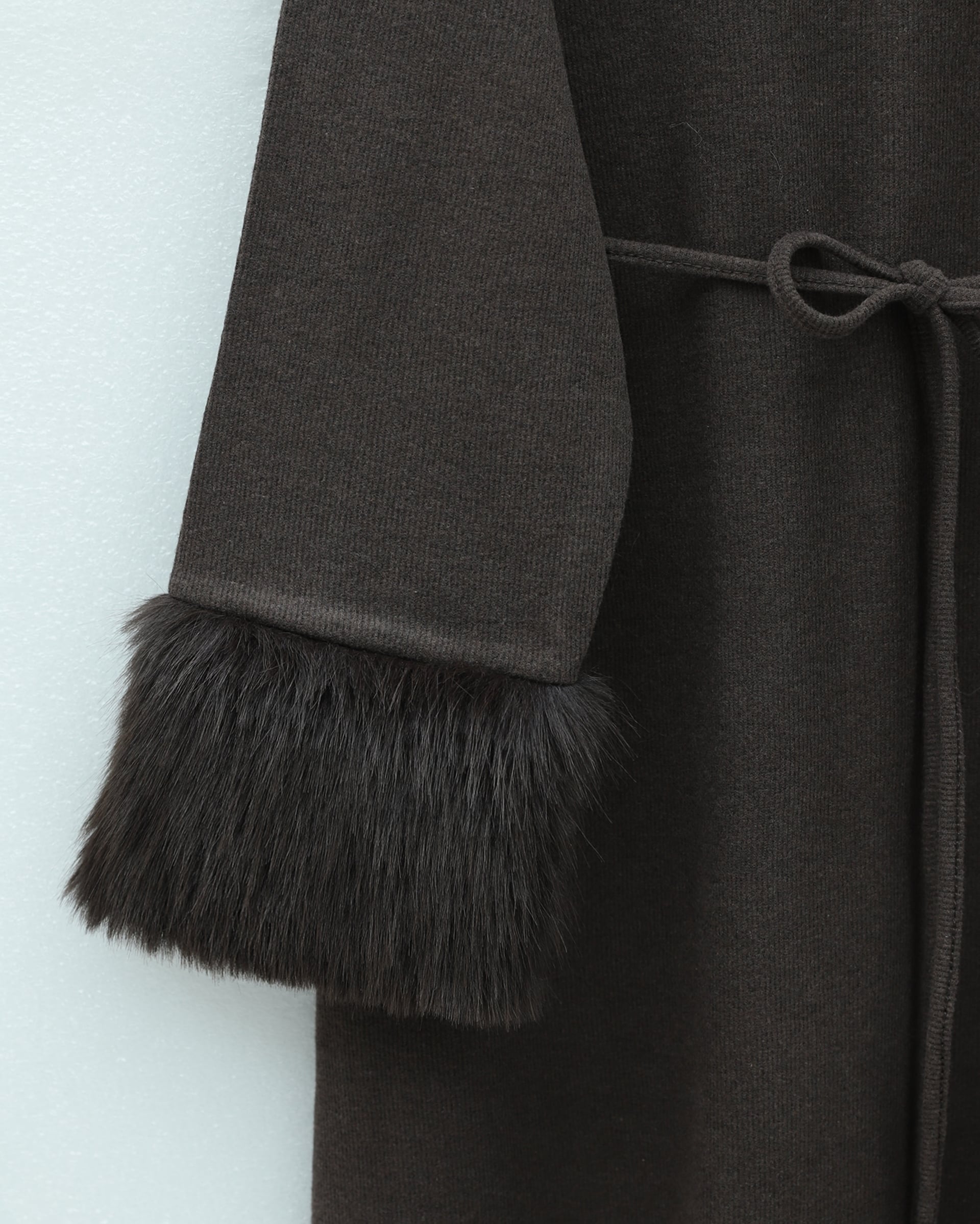 Long Sleeve Faux Fur Trim A-Line Knit Dress with Tie Waist - Brown - Podyumplus - by Peralane - photo 4