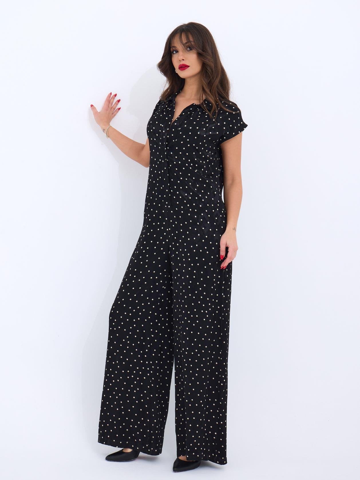 Black Polka Dot Jumpsuit with Collar and Wide Legs - Fame - by Peralane - photo 4