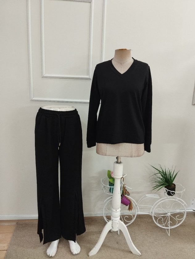 Women's Long Sleeve V-Neck Viscose Two-Thread Blouse and Slit Detail Trousers Two-Piece Set - Janes - by Peralane - photo 4
