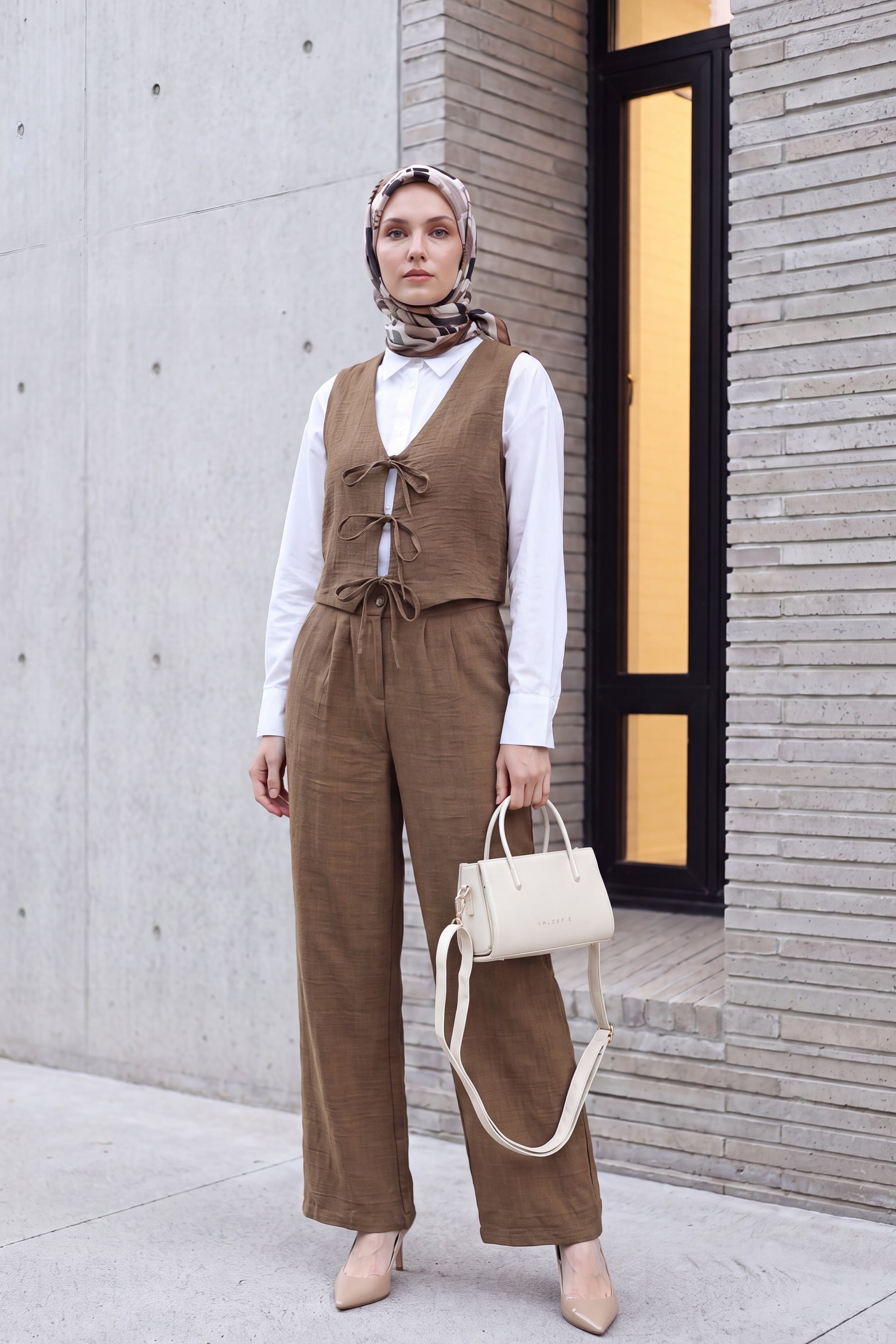 Lace-Up Vest and Wide-Leg Trousers Linen Look Co-ord Set - Light Brown - Podyumplus - by Peralane