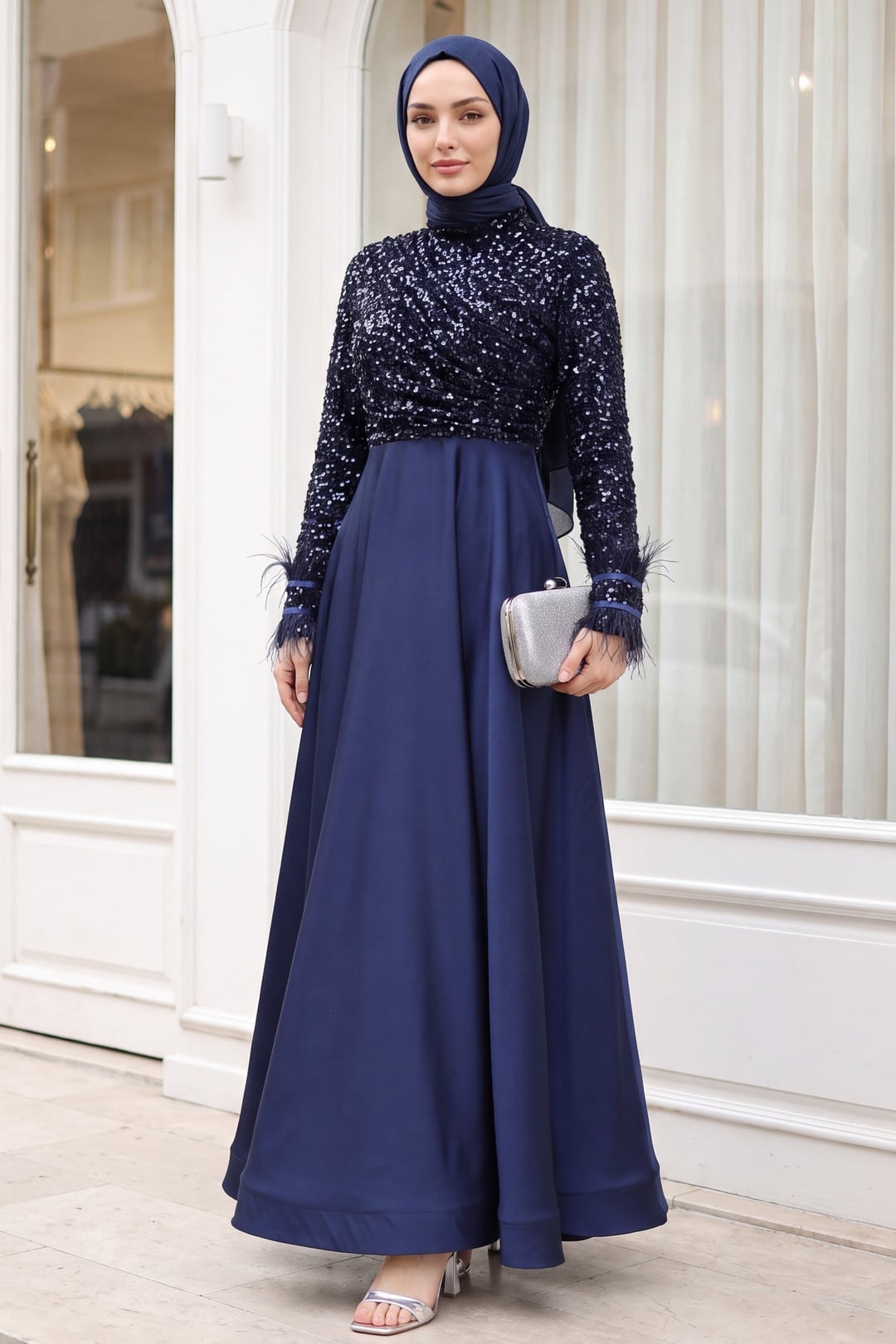Sequin Bodice Feathered Sleeve Satin Evening Dress - Dark Navy - Podyumplus - by Peralane - photo 6