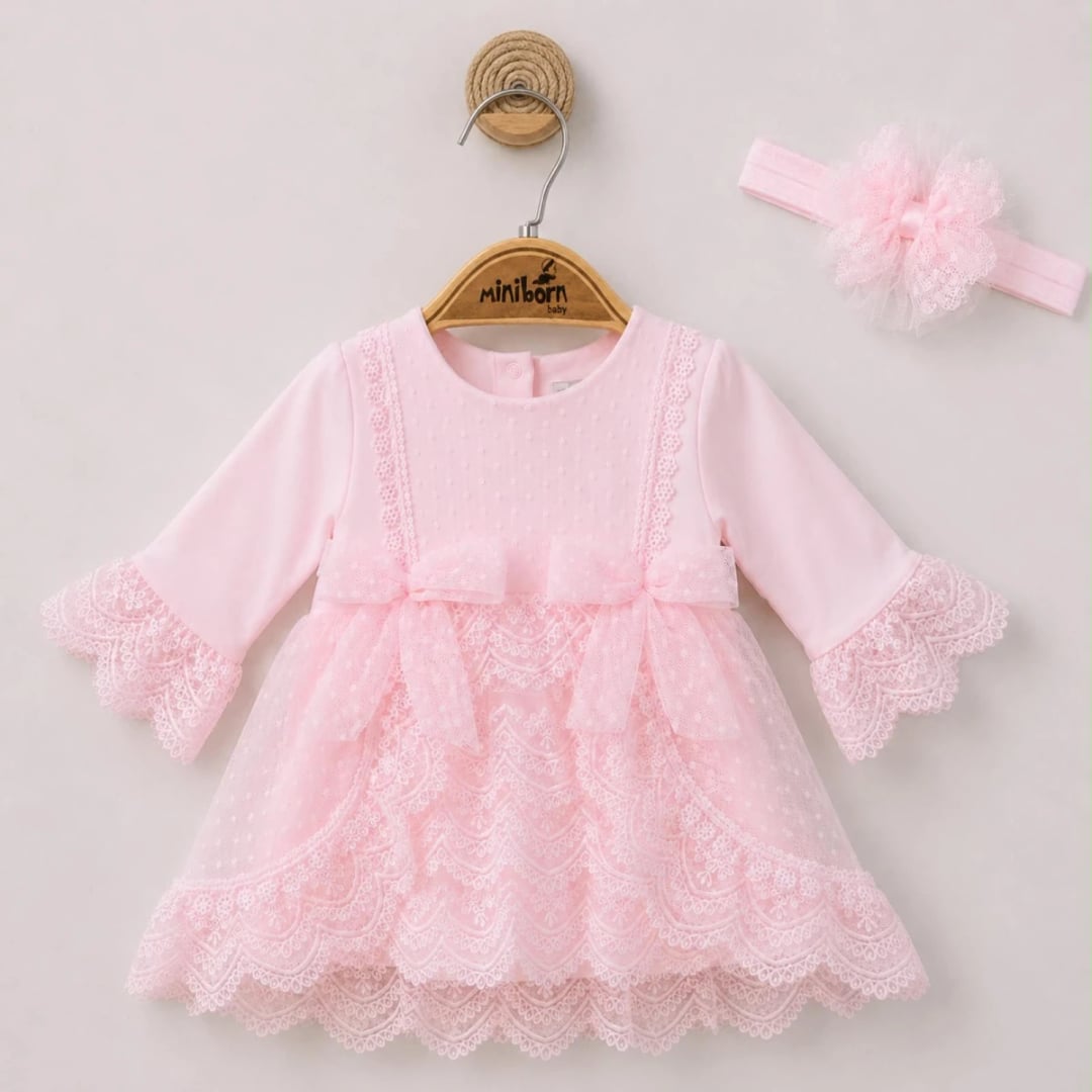 Baby Girl's Pink Dress and Headband Set - Miniborn - by Peralane