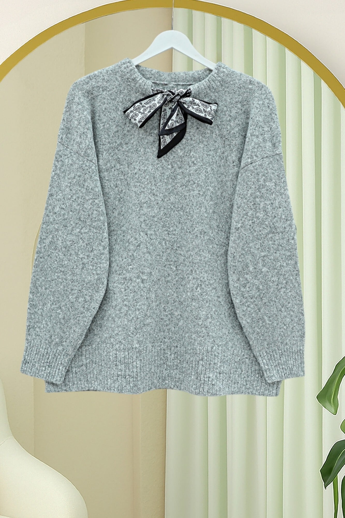 Scarf Collar Detail Soft Knit Sweater - Grey - Podyumplus - by Peralane - photo 2