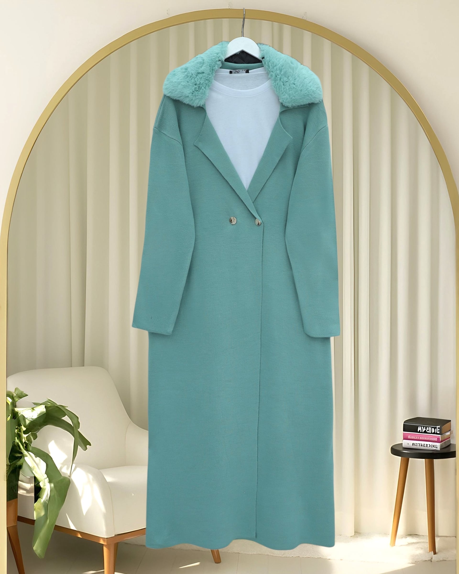 Long Knit Cardigan with Faux Fur Collar and Double Buttons - Mint - Podyumplus - by Peralane - photo 3