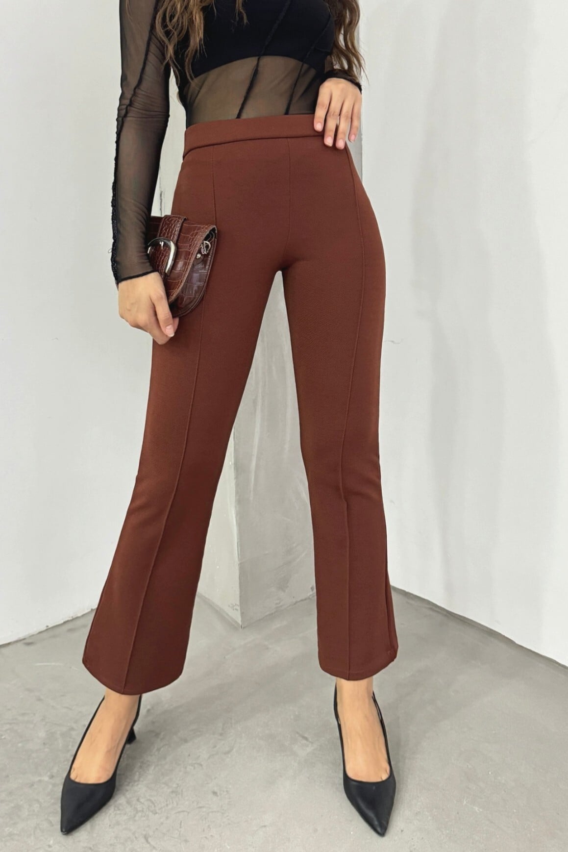 Brown Elastic Waist Stretch Spanish Trousers - Podyumplus - by Peralane - photo 3