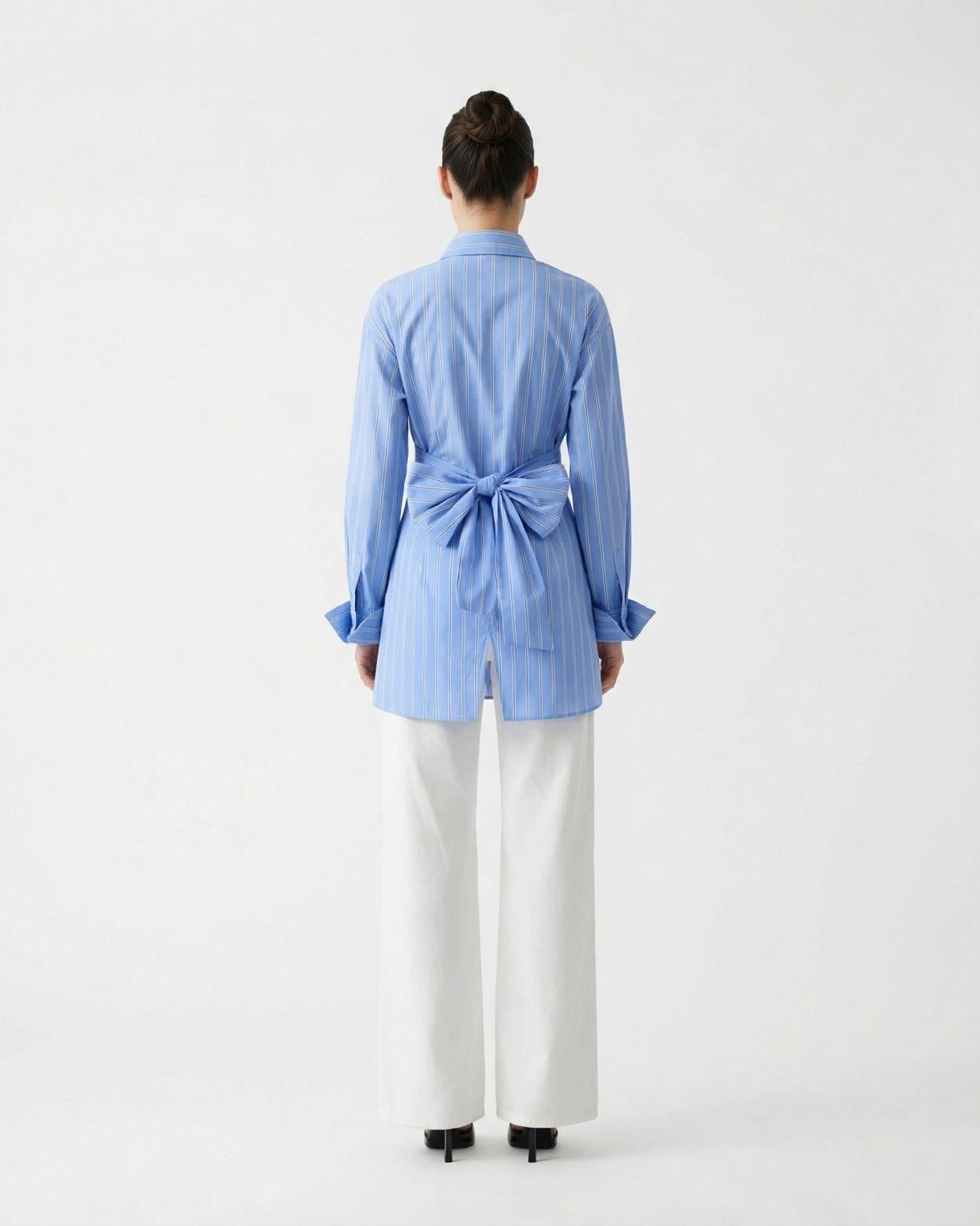 Light Blue Pinstriped Blouse with Wrap Tie - Fame - by Peralane - photo 2