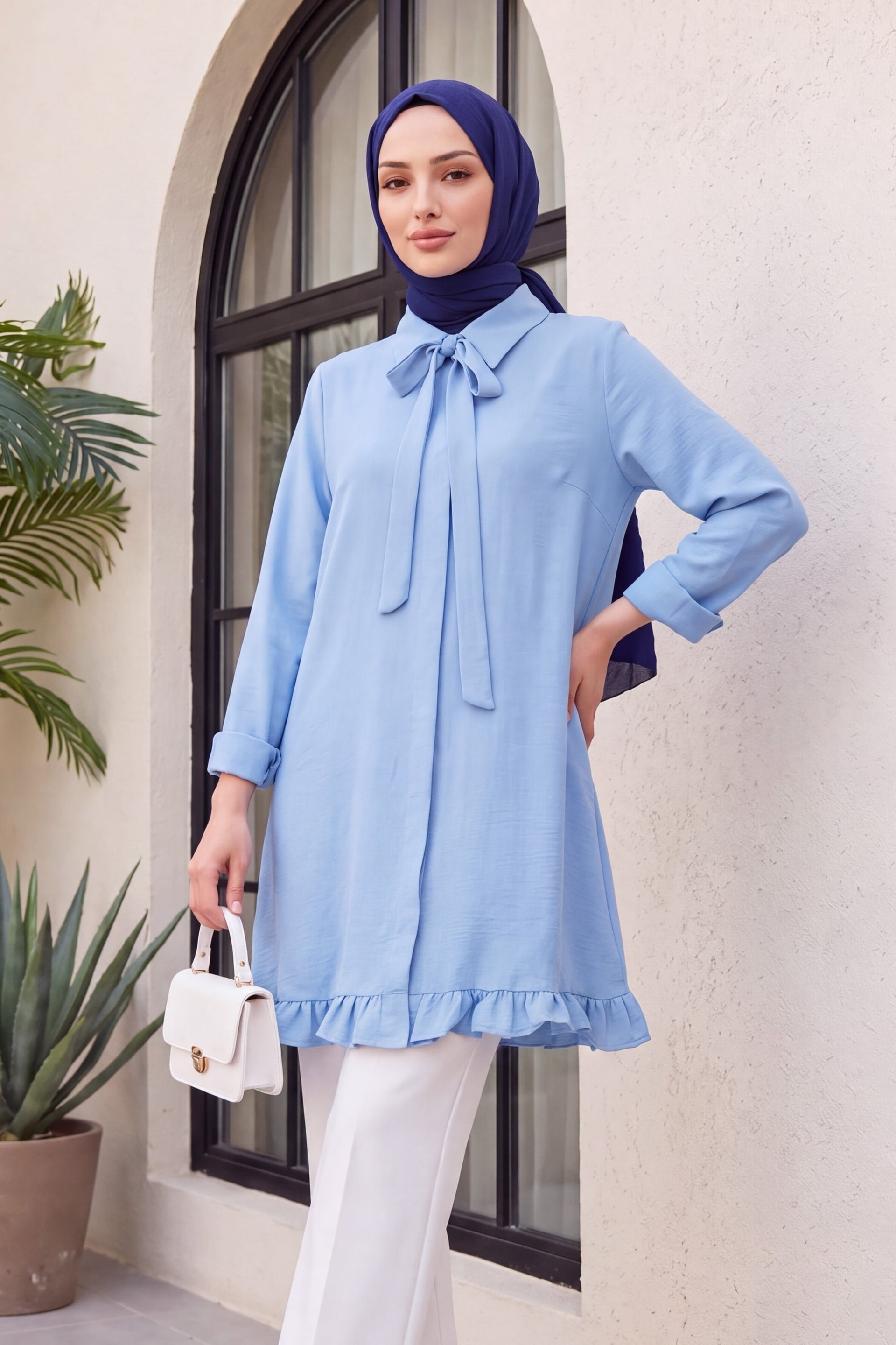 Ruffle Hem Tie Belt Hidden Button Modal Tunic - Baby Blue - Podyumplus - by Peralane