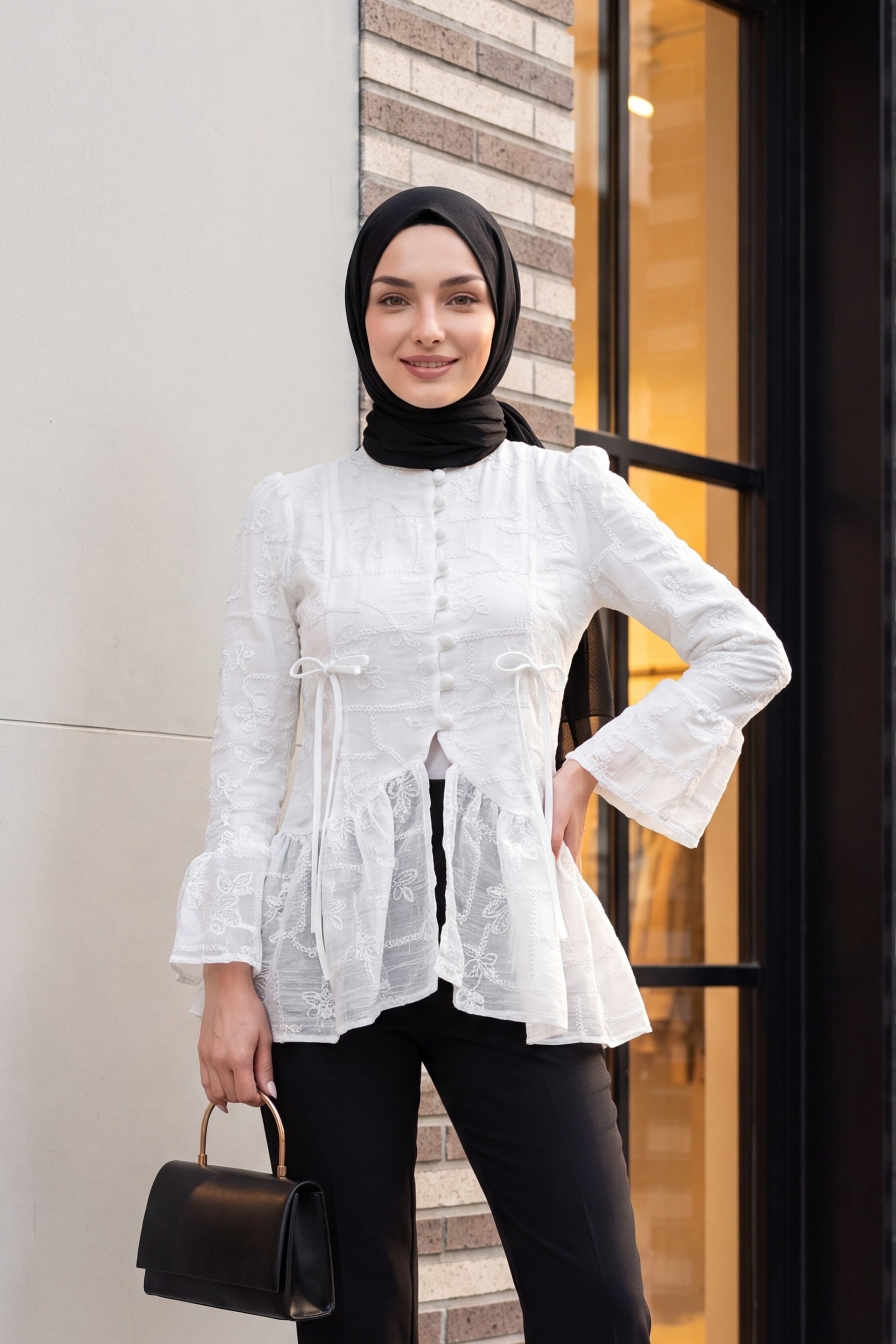 White High Collar Buttoned Lined Frilled Polyviscose Tunic - Podyumplus - by Peralane - photo 9
