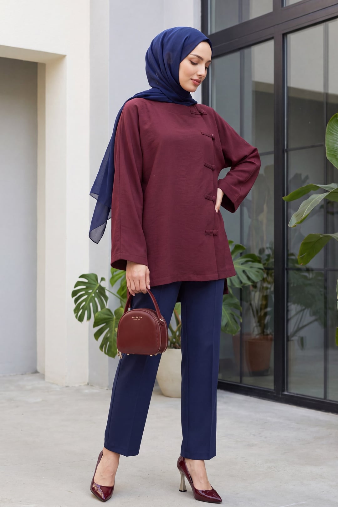 Round Neck Button Front Long Back Polyviscose Tunic - Deep Red - Podyumplus - by Peralane - photo 5