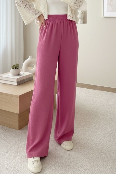 Women's Elasticated Waist Wide-Leg Ayrobin Trousers - Bright Pink - Podyumplus - by Peralane