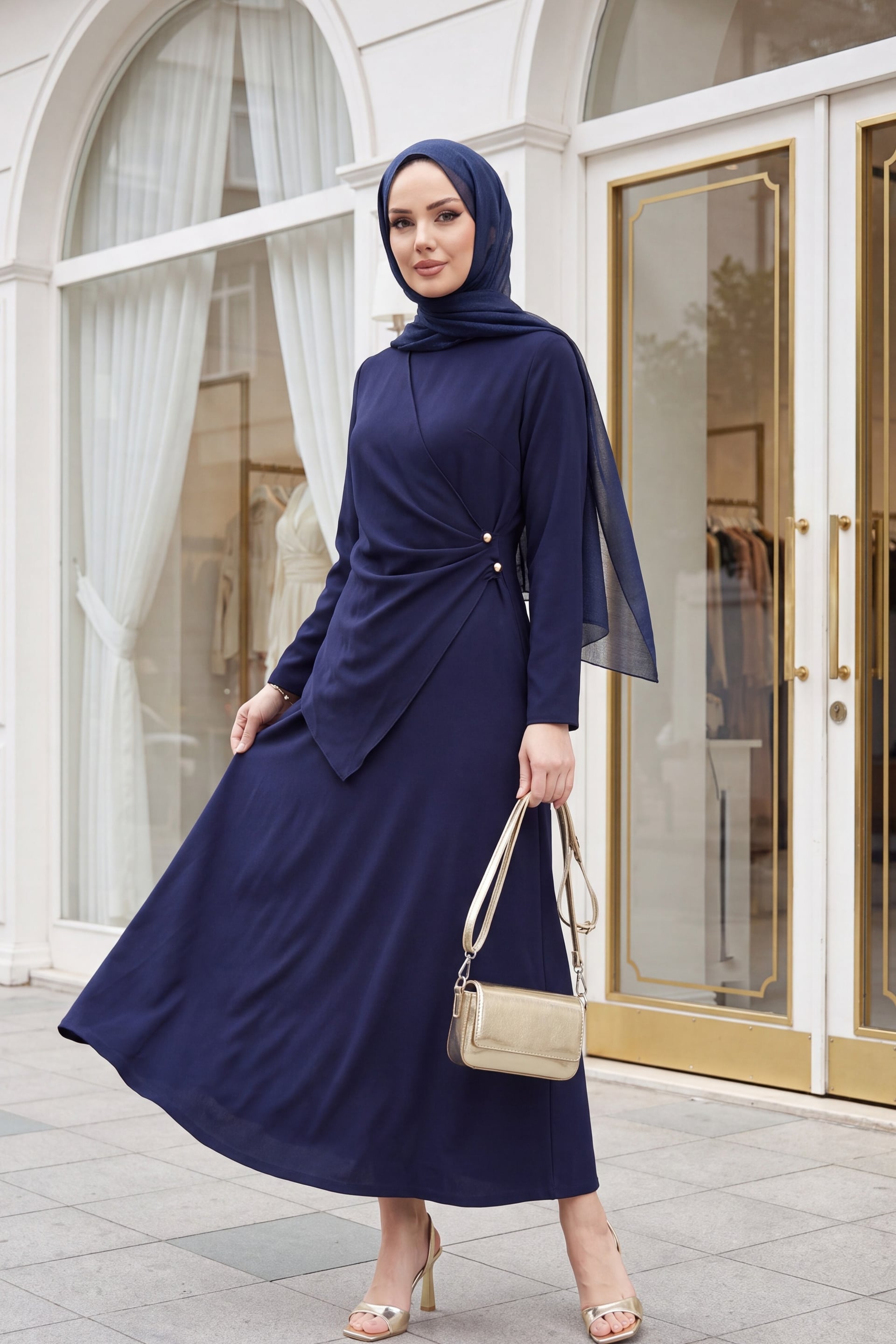 Navy Blue Faux Wrap Midi Dress with Gold Button Detail - Podyumplus - by Peralane - photo 2