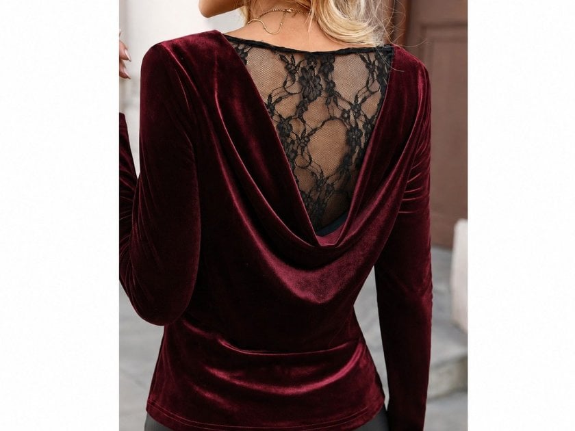 Women's Long Sleeve Drape Neck Velvet Blouse with Lace Back Detail, 37622 - Janes - by Peralane