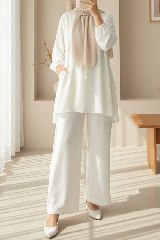 Drawstring Wide-Leg Modal Trousers - Ecru - Podyumplus - by Peralane - photo 5