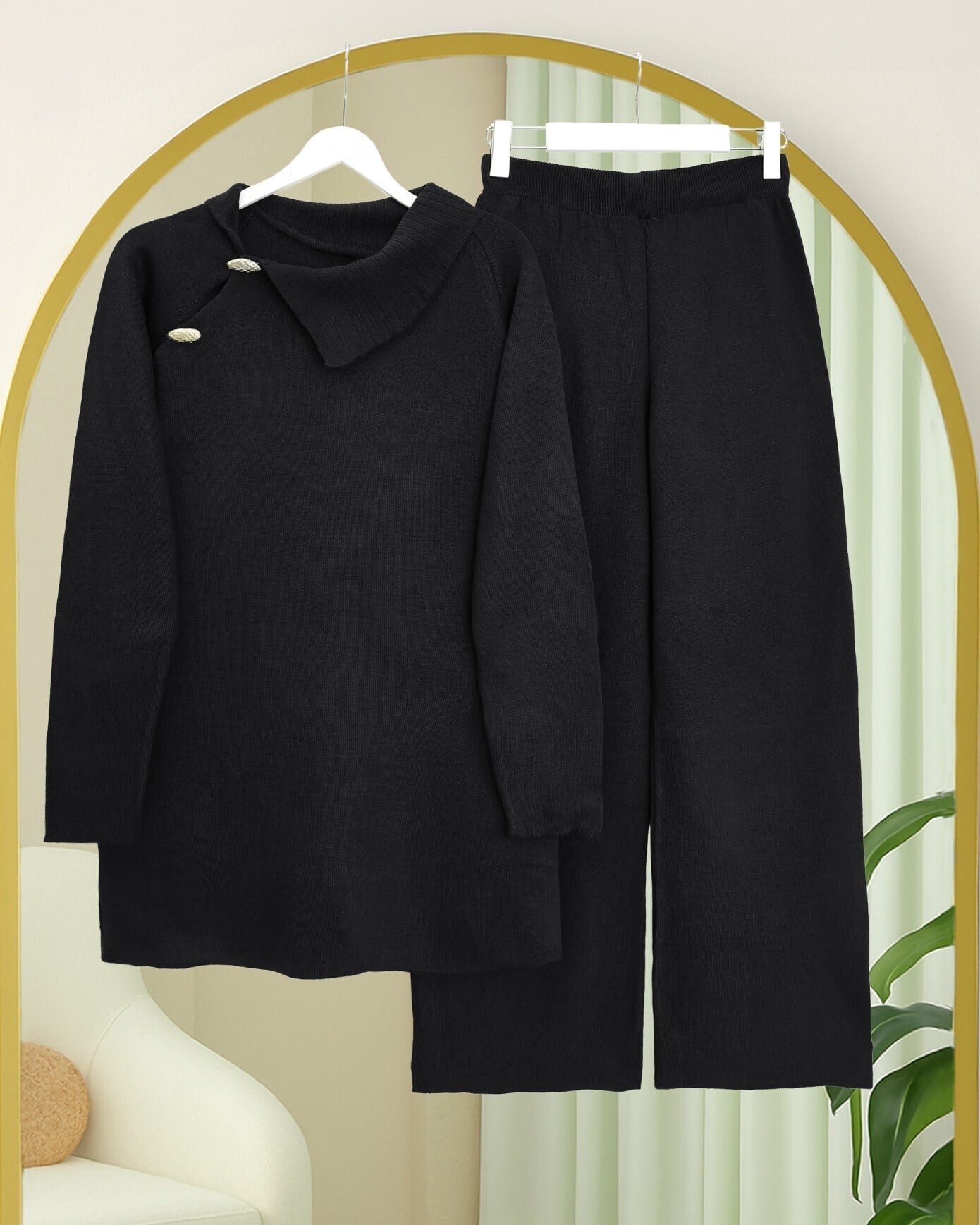 Black Half-Turtleneck Cross-Button Knit Set - Podyumplus - by Peralane